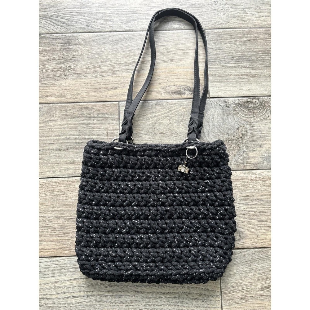 Handmade Womens Crochet Shoulder Bag Small Black Sparkle Boho Floral Lined Charm